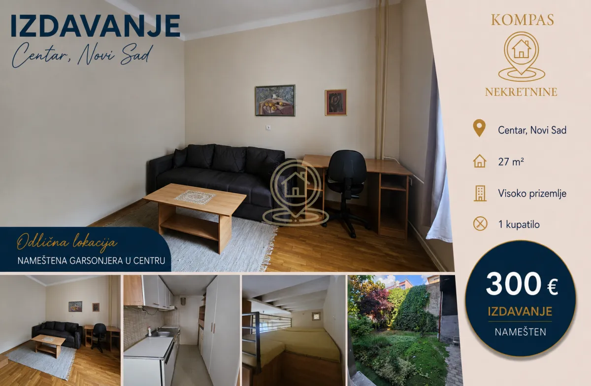Izdavanje, jednosoban stan, 27m², Centar, Novi Sad
