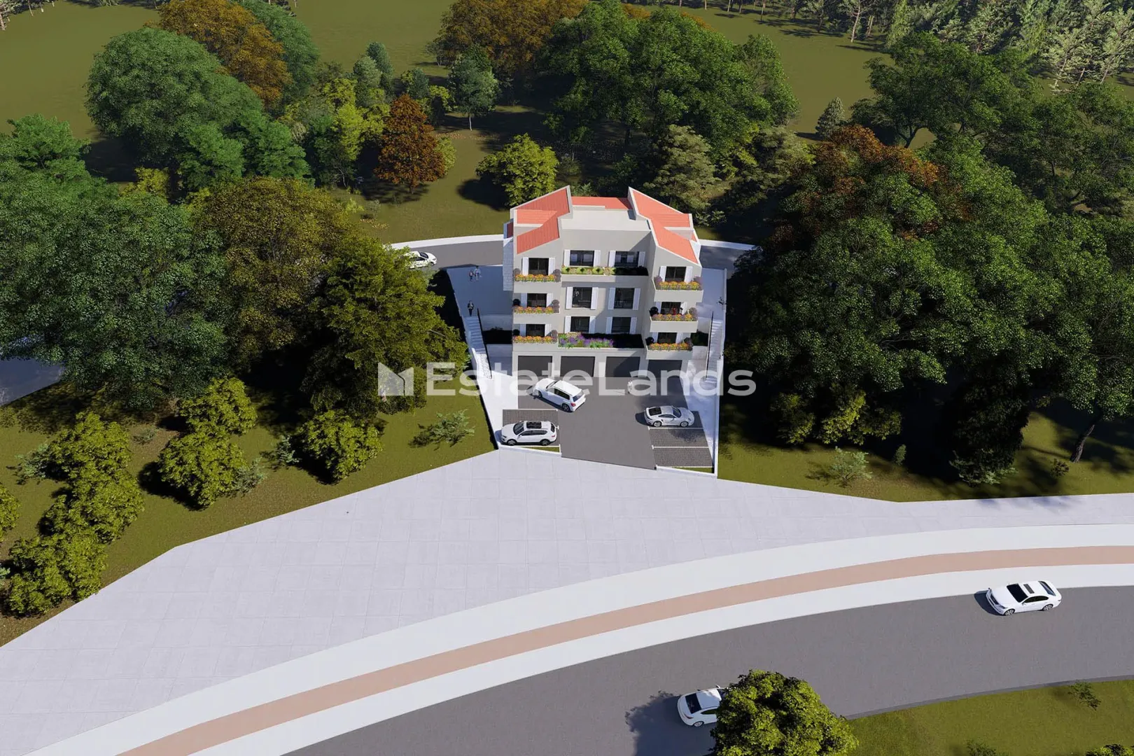 3D render stambene zgrade sa dvorištem i parkingom.