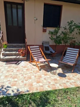 Paved yard in front of the house entrance with sun loungers and greenery. - image 8