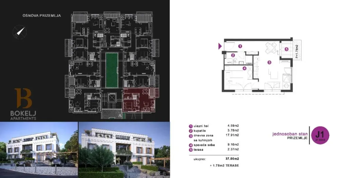 Prodaja, jednosoban stan, 39m², Škaljari, Kotor