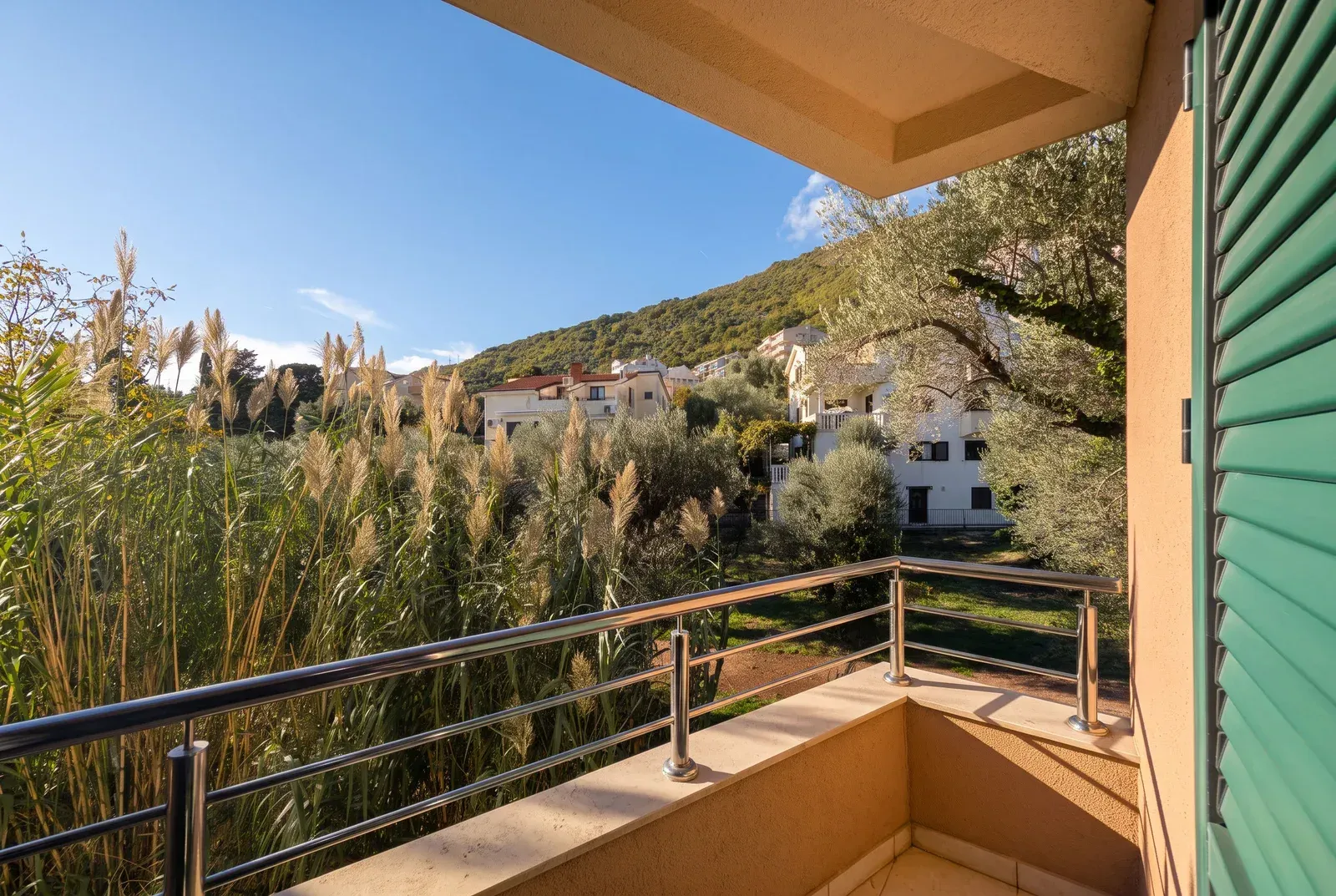 View from the terrace overlooking the yard and surrounding greenery.