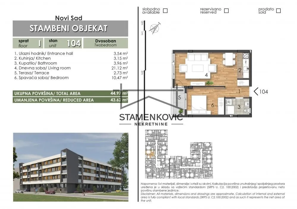 Sale, two bedroom apartment, 44m², Telep, Novi Sad Sve Podlokacije