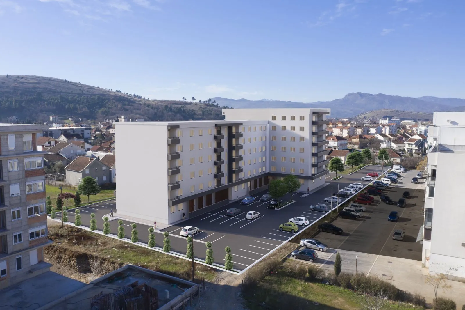 Three-dimensional rendering of a modern residential building with a parking lot.