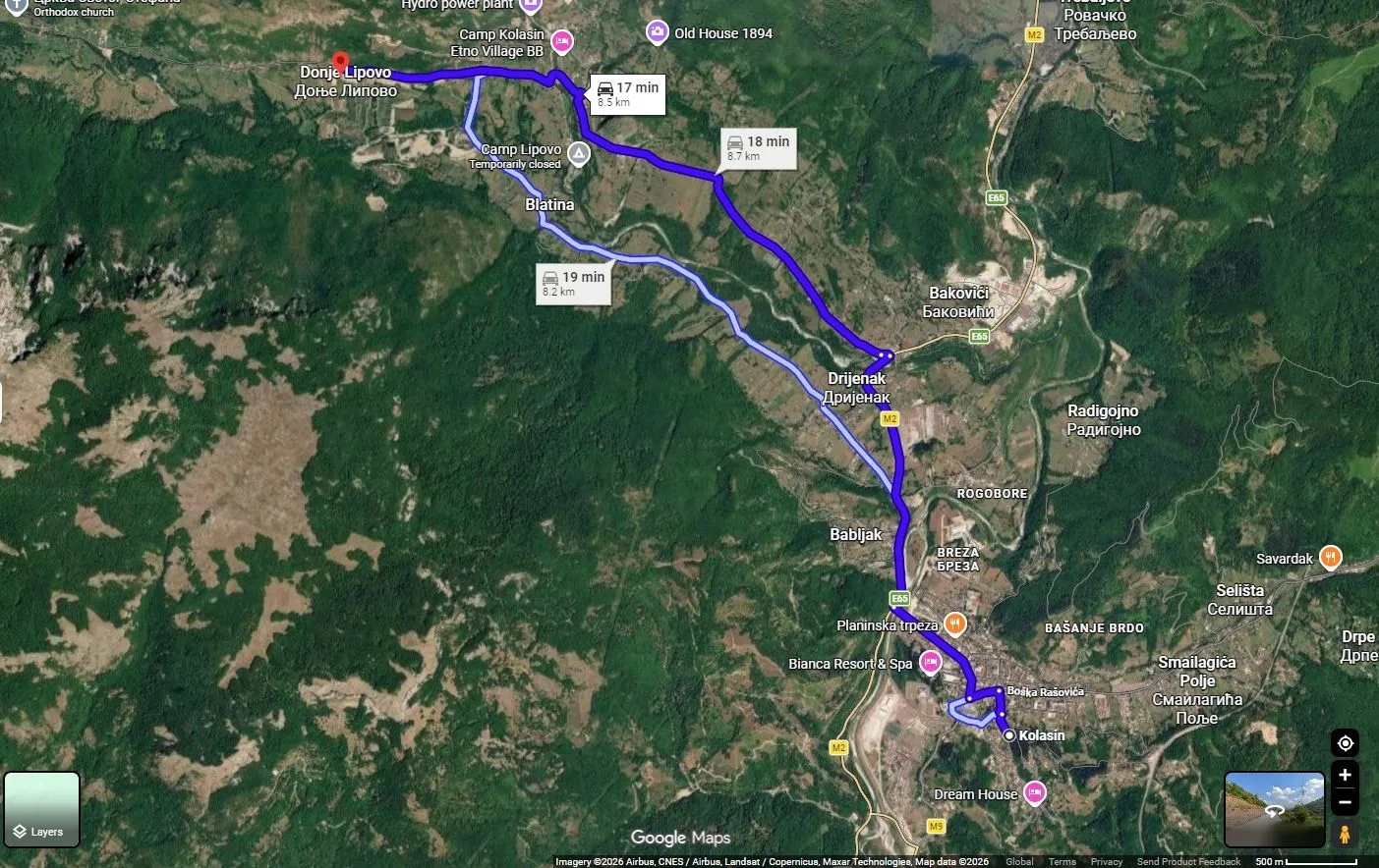 Satelitski snimak mape sa prikazanom rutom do lokacije.