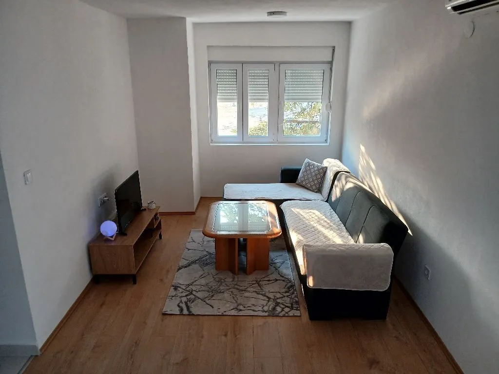 Living room with sofa, coffee table and television.