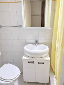 Manje kupatilo sa umivaonikom, ormarićem, ogledalom i toaletom. - image 3