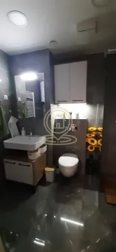 Savremeno opremljeno kupatilo sa umivaonikom, WC šoljom i zidnim ormarićem. - image 7