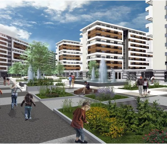 Render of a residential building complex with a landscaped courtyard, fountain, and green areas.