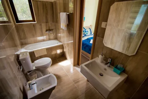 Svijetlo kupatilo sa pločicama u tonovima drveta, kadom i bideom. - image 6