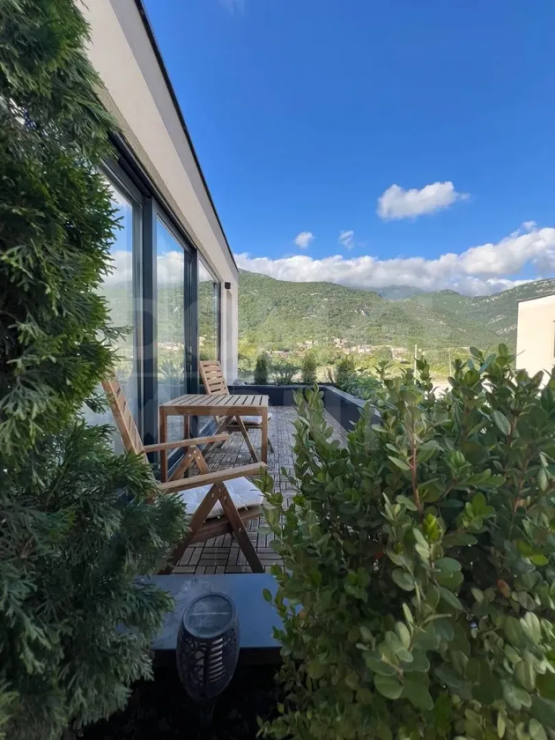 Spacious terrace with a wooden table, chairs, and greenery.