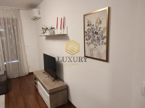 Dnevni boravak sa televizorom, komodom i zidnim ukrasima. - image 2