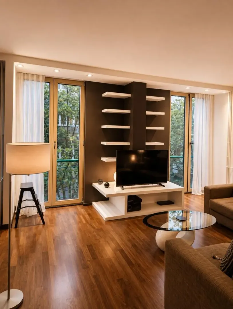 Living room with sofa, TV, and balcony access.