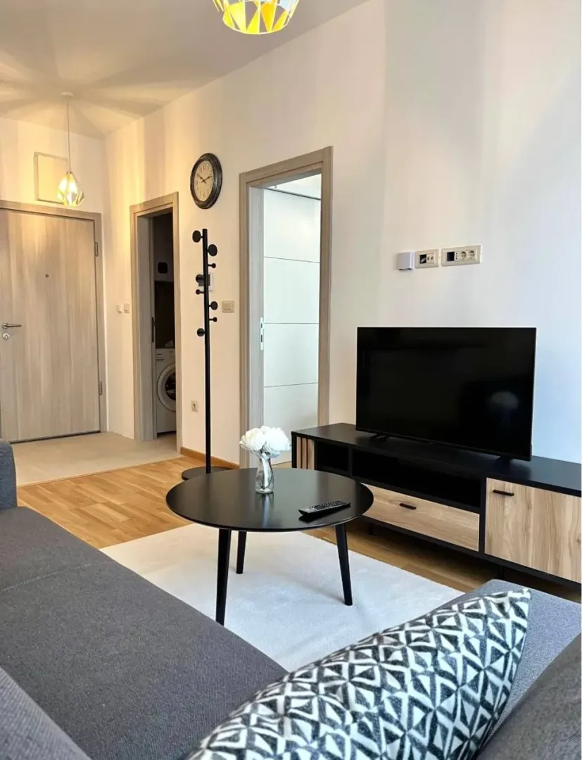 Living room with sofa, coffee table, and TV.