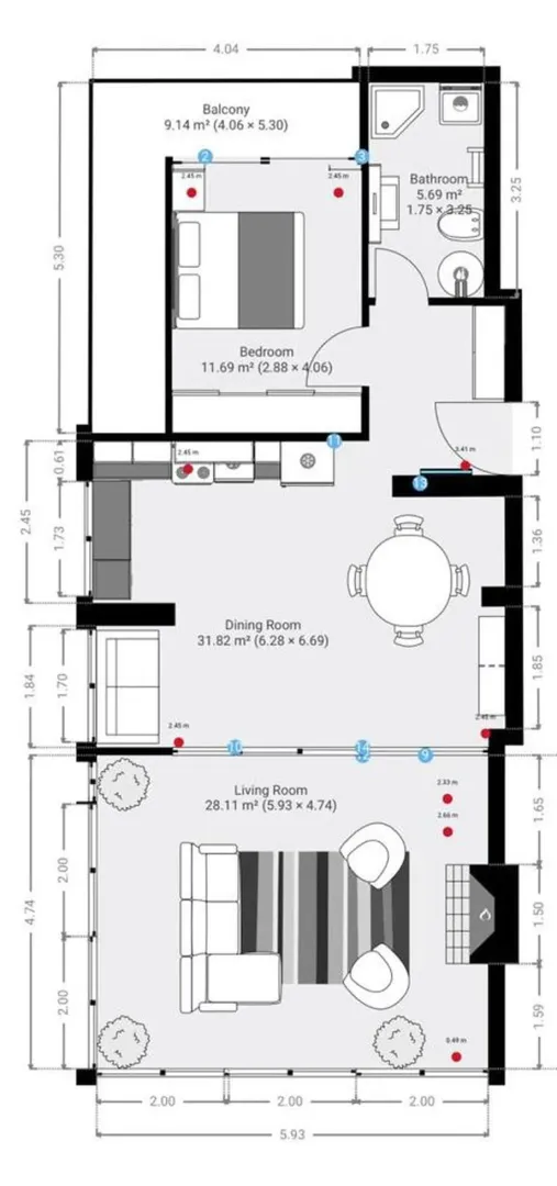 Floor plan of the apartment showing room layout and dimensions.