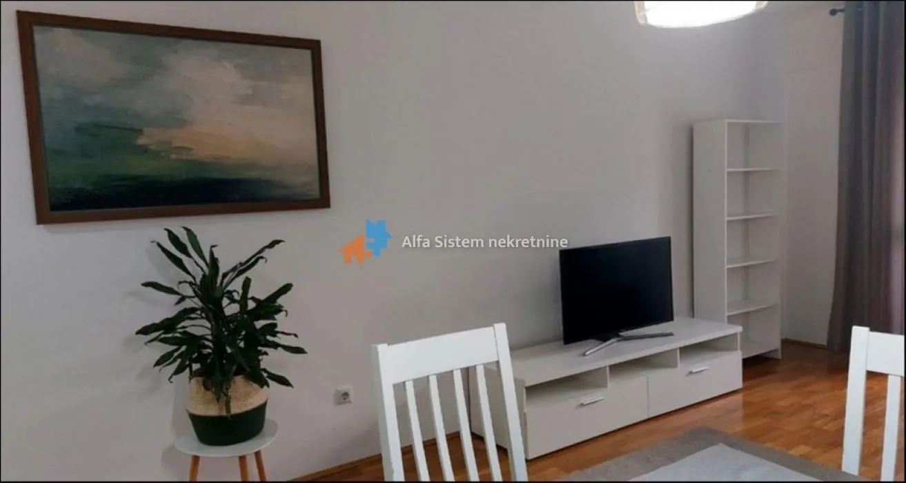 Living room furnished with furniture and a TV.