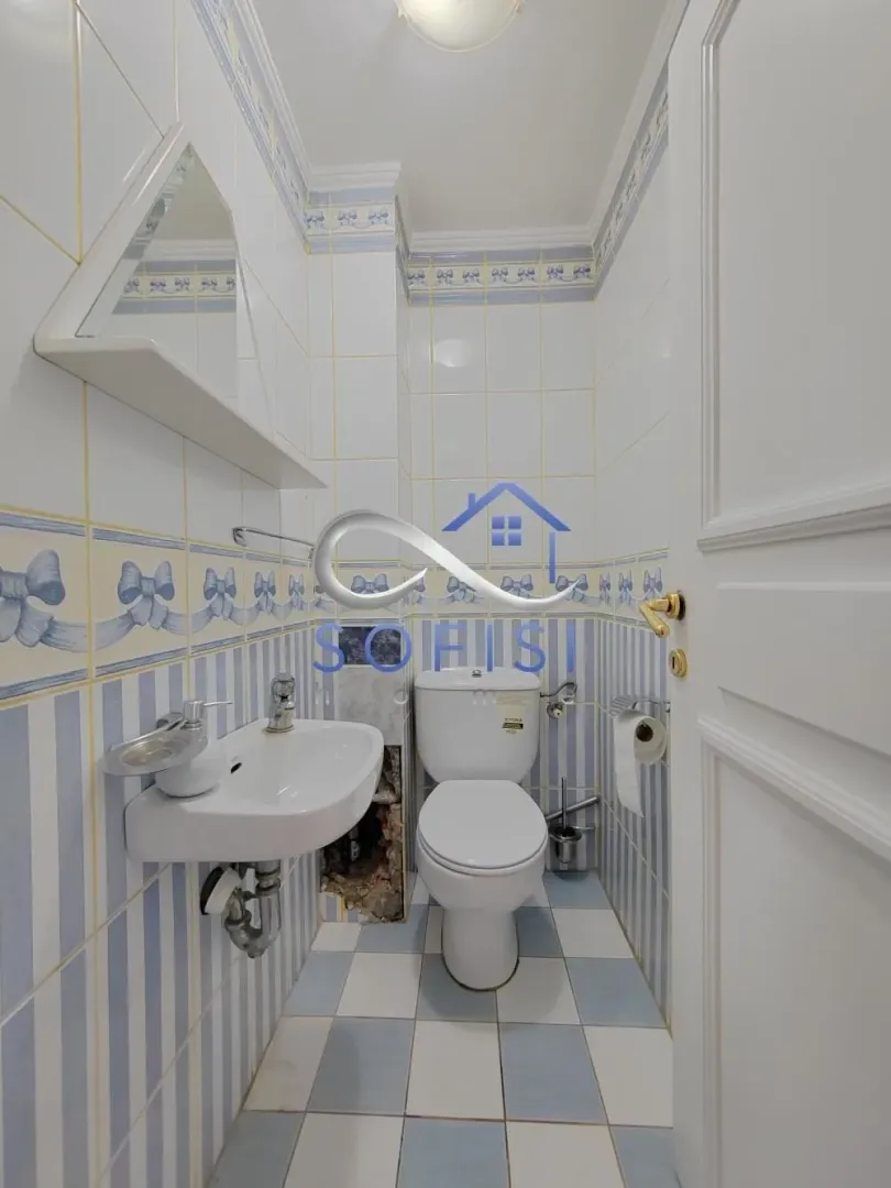 Manje kupatilo sa pločicama u plavo-belim tonovima, umivaonikom i WC šoljom.