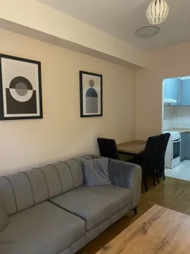 Bright living room with a grey sofa and a dining table. - image 7