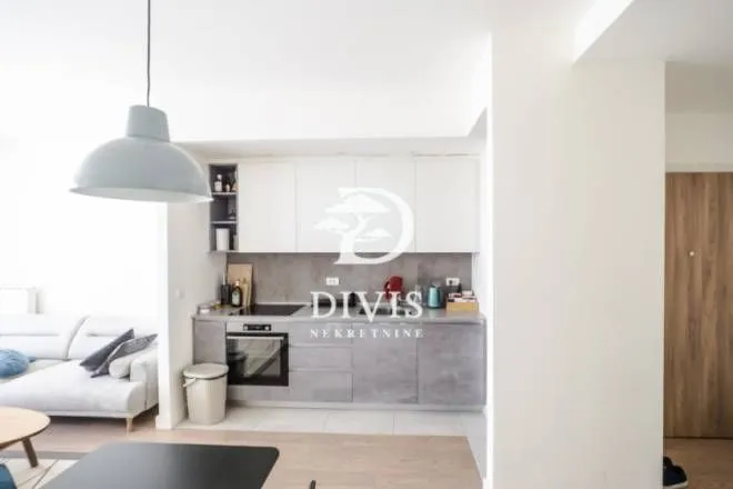 Small kitchen with grey cabinets and built-in appliances as part of the living area.