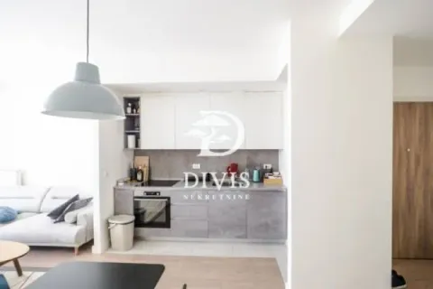 Small kitchen with grey cabinets and built-in appliances as part of the living area. - image 3