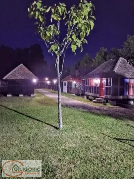 Night view of wooden cottages in a courtyard with a lawn and pathway. - image 20