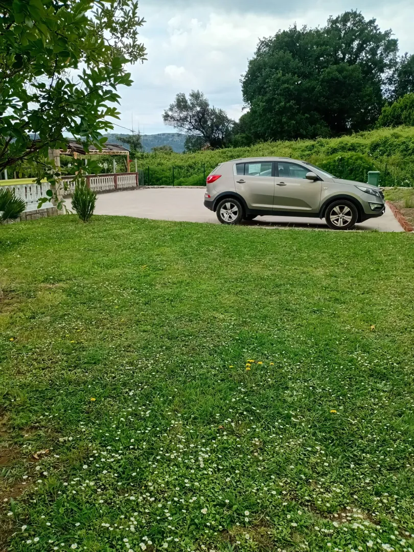 Zeleno dvorište sa travnjakom i parking prostorom.