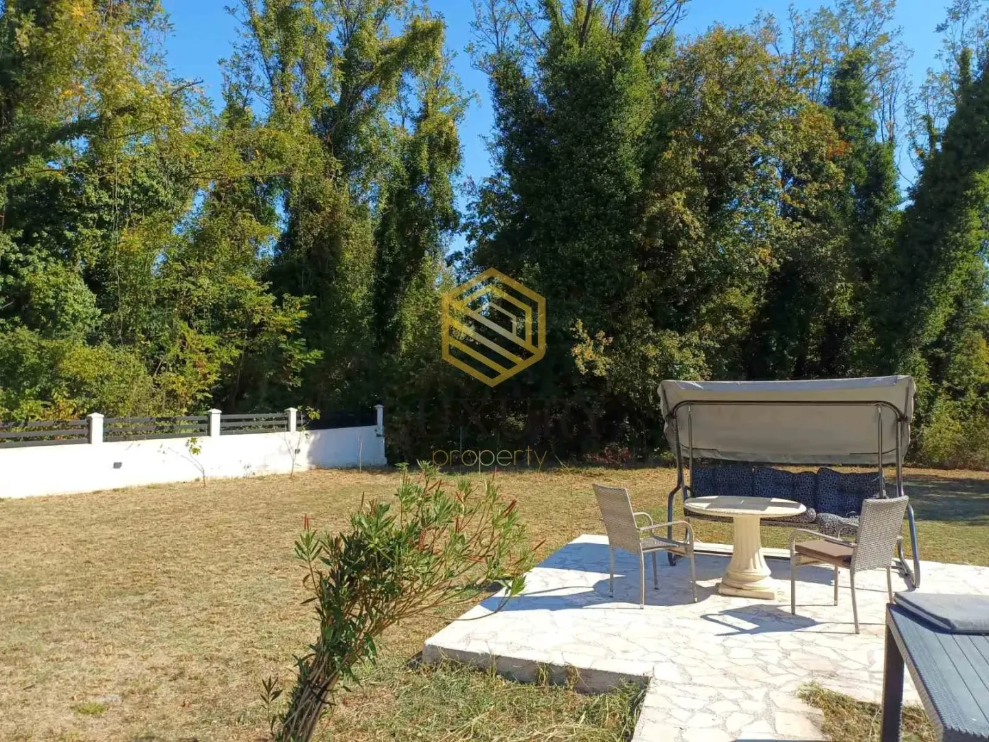 Yard with seating furniture and greenery.