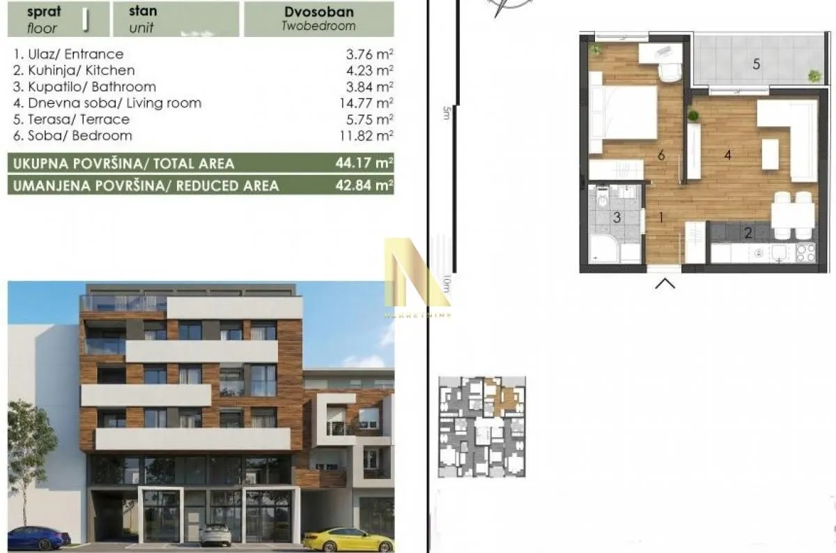 Kombinovani prikaz tlocrta stana, spoljašnjosti zgrade i specifikacije površina.