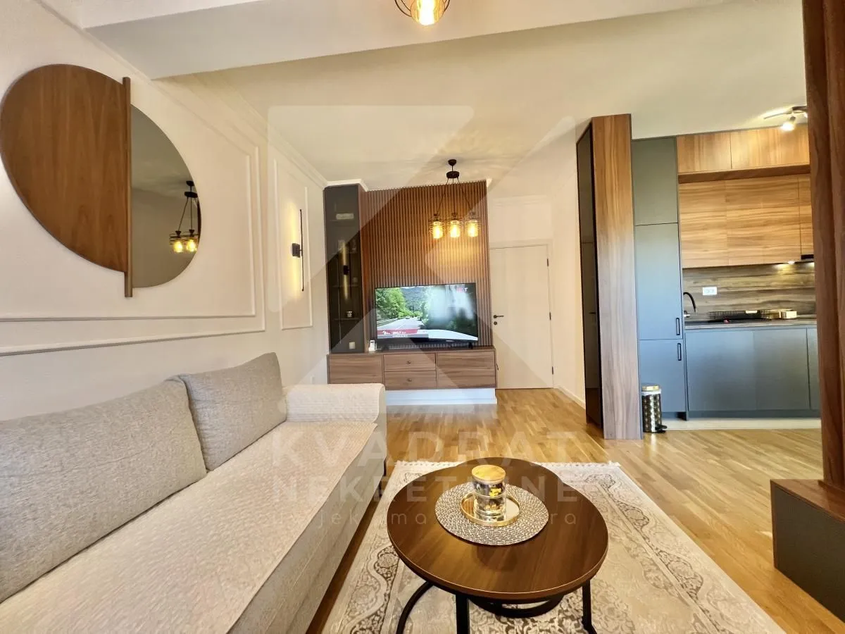 Living room with sofa, television, and a view of the kitchen.