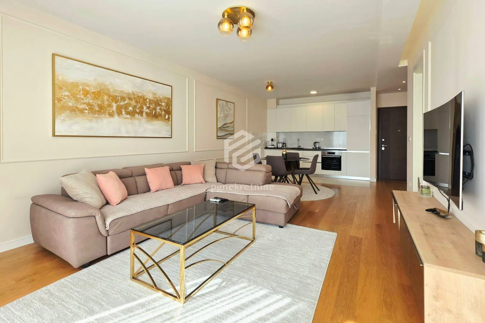 Living room with a sofa, coffee table, and TV, connected to the kitchen and dining area.