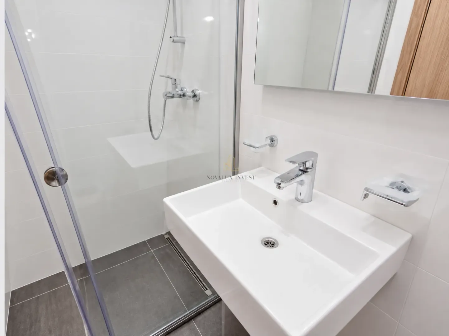Modern bathroom with a walk-in shower and washbasin.