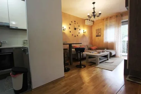 Pogled iz kuhinje na svijetli dnevni boravak sa garniturom i trpezarijskim stolom. - image 4