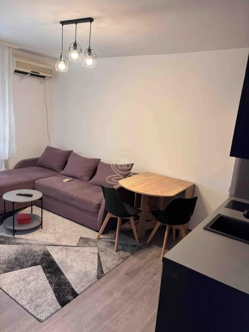 Living room with a sofa, coffee table and dining table with chairs.