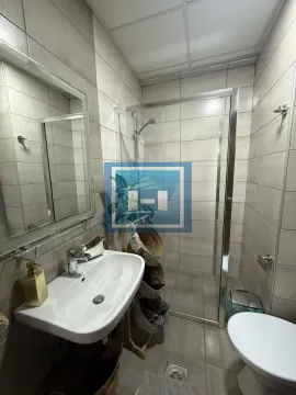 Bathroom equipped with a shower cabin, washbasin, and toilet. - image 5