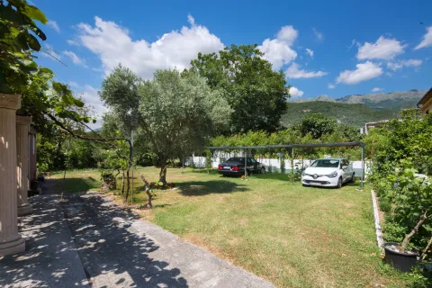 Yard with landscaped lawn, trees, and covered parking for vehicles. - image 8