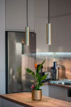 Detalj moderne kuhinje sa visećim lampama i ukrasnom biljkom na stolu. - image 6