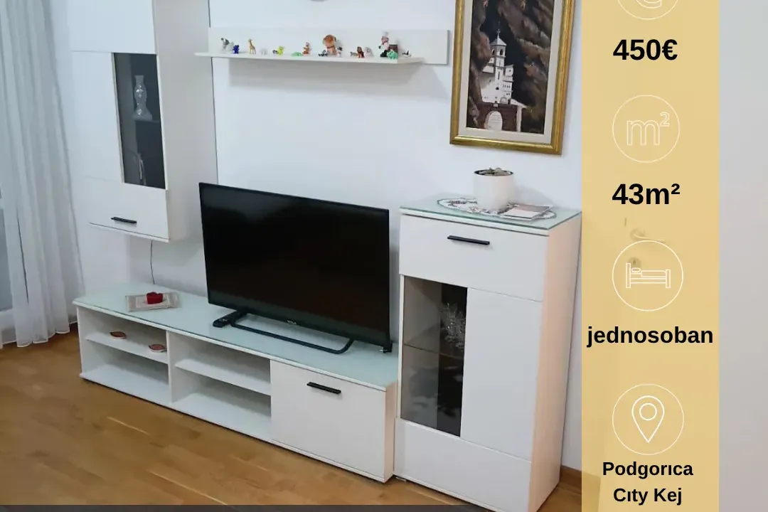 Rent, one bedroom apartment, 43m², City Kej, Podgorica
