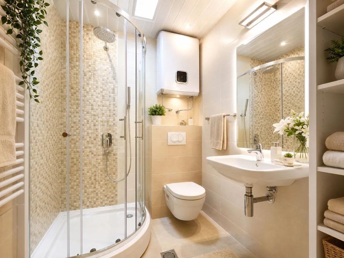 Compactly arranged bathroom with a shower cabin, washbasin and toilet.