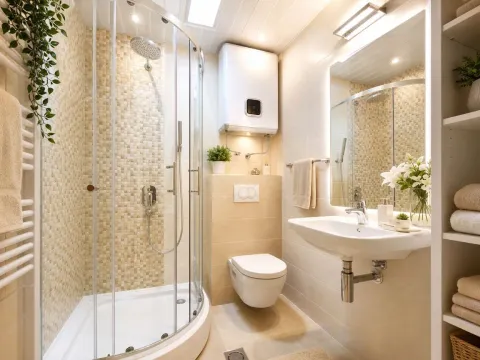 Compactly arranged bathroom with a shower cabin, washbasin and toilet. - image 7