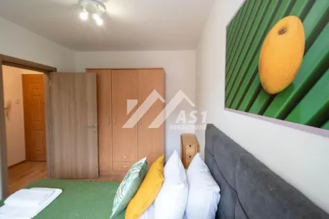 Nameštena spavaća soba sa bračnim krevetom, garderoberom i slikom na zidu. - image 8