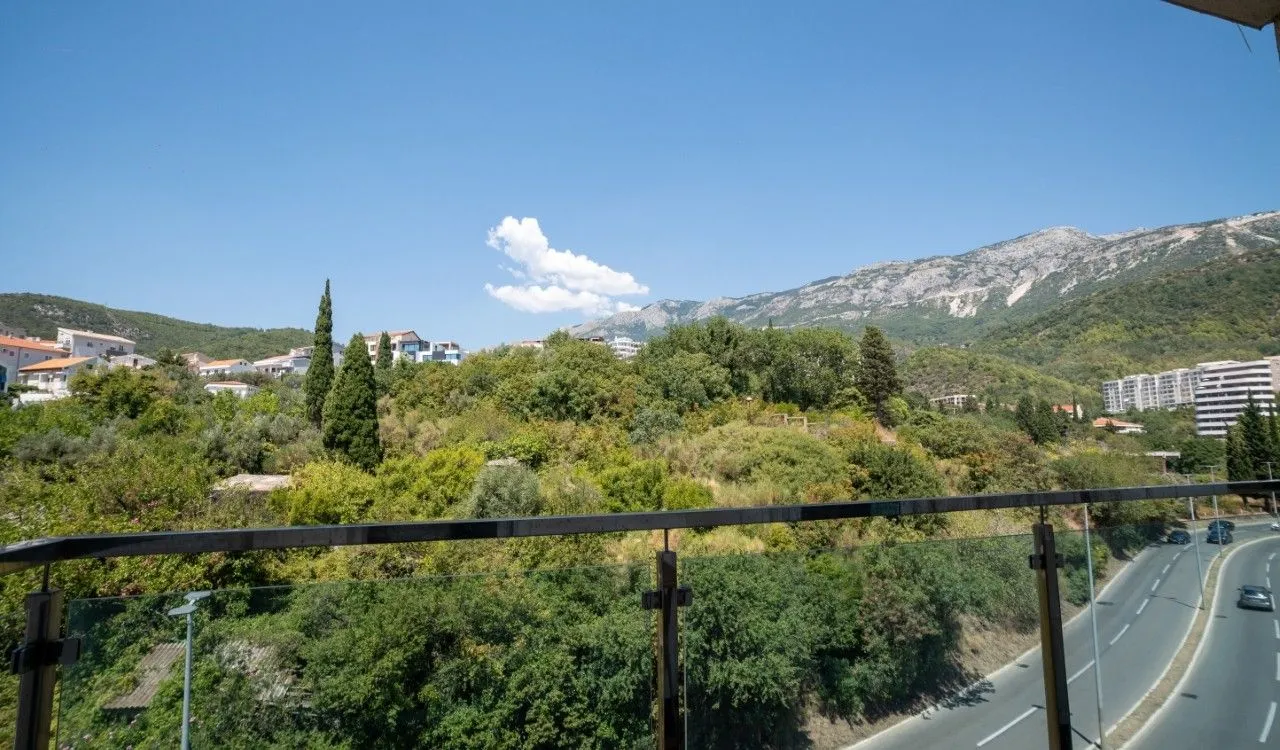 Pogled sa terase na okolno zelenilo, brda i ulicu.