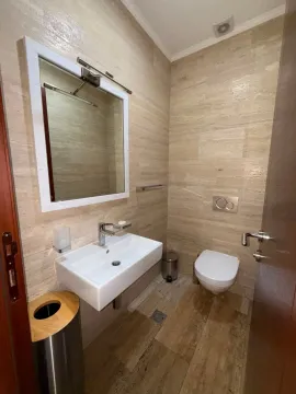 Manje kupatilo sa umivaonikom, ogledalom i toaletom obloženo keramičkim pločicama u tonovima drveta. - image 10