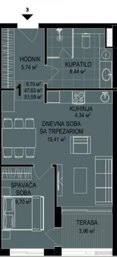 Sale, one bedroom apartment, 52m², Bečići, Budva