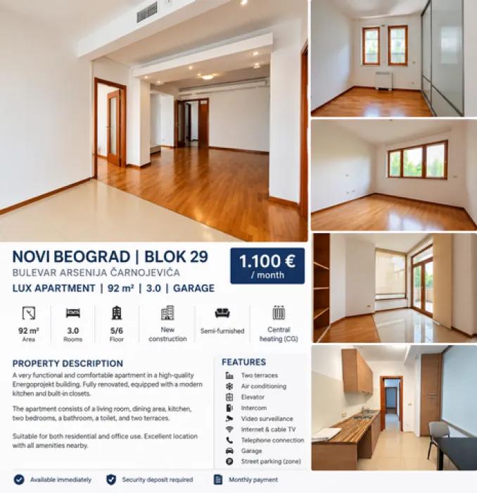 Collage of interior photos of an unfurnished apartment with a text ad and property description.
