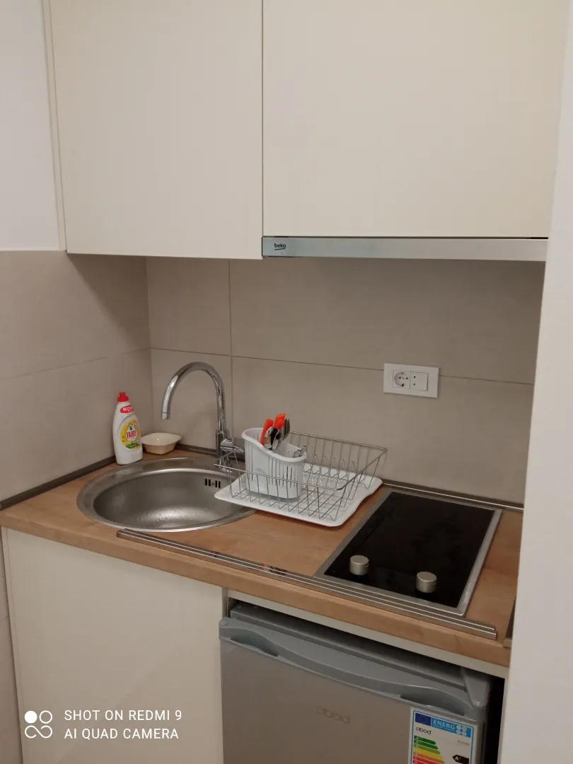 Compact kitchen with a sink, built-in cooktop, and a small refrigerator.