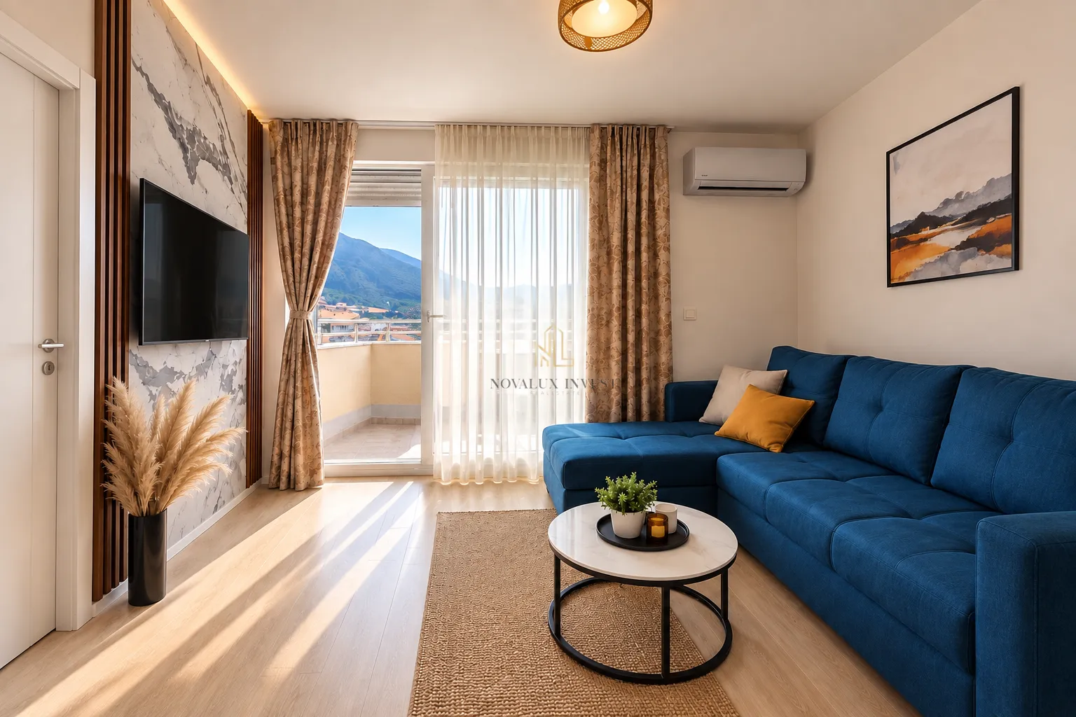 Living room with a blue sectional sofa, TV, and access to the terrace.