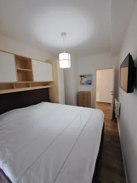 Namještena spavaća soba sa bračnim krevetom, ugradnim ormarima i zidnim televizorom. - image 21