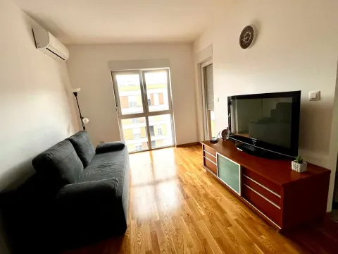 Dnevna soba sa garniturom, TV komodom i drvenim podom. - image 4