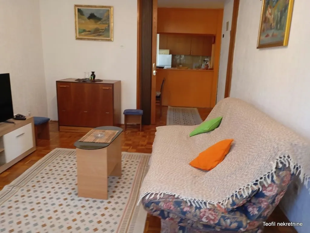 Living room with a sofa, coffee table, and television.