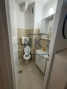 Manje kupatilo sa wc šoljom, umivaonikom i visećim elementom sa ogledalom. - image 4