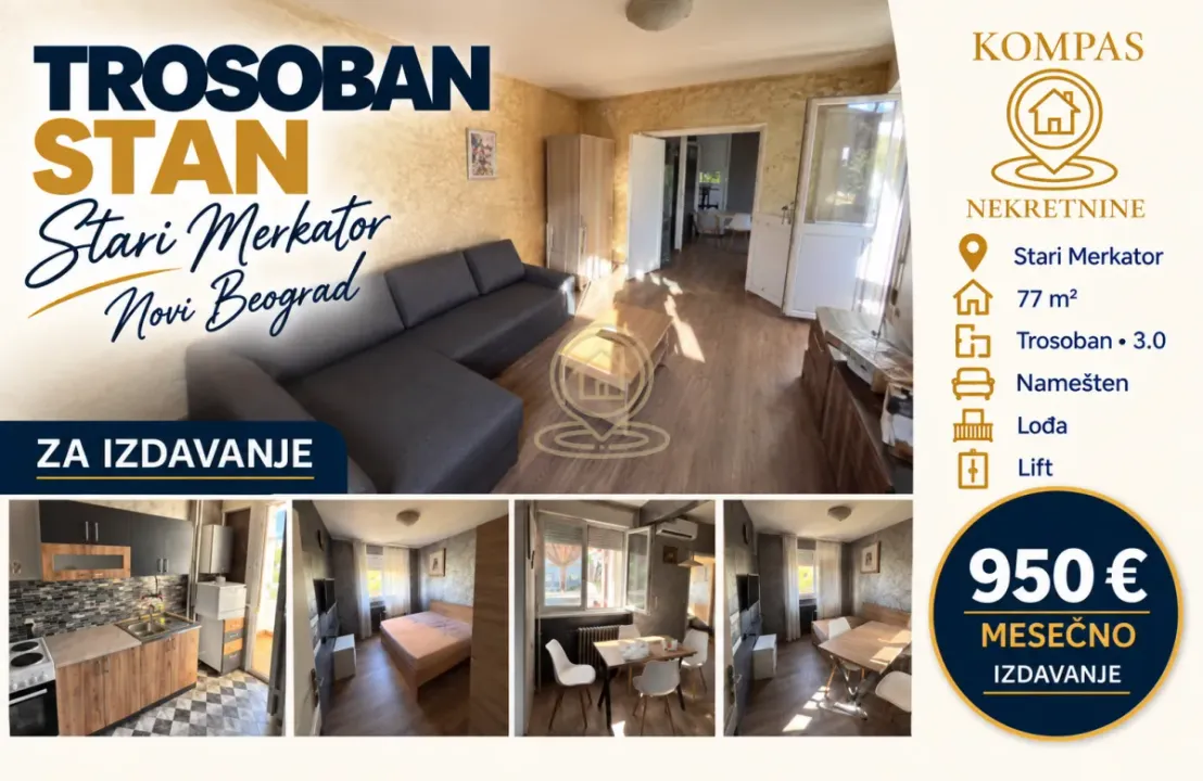 Rent, three bedroom apartment, 77m², Stari Merkator, Novi Beograd Sve Podlokacije
